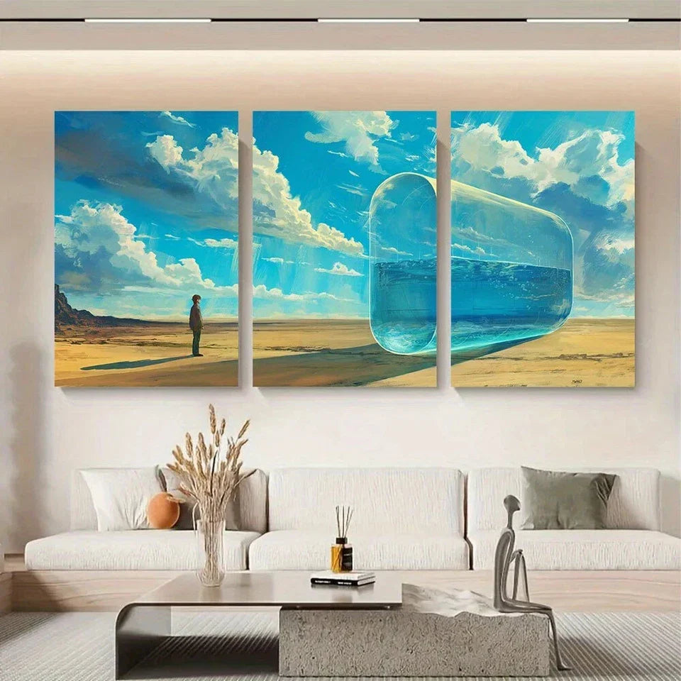 3pcs White Clouds Iceberg Man Standing On Ground Metal Print Ready to Hang Art