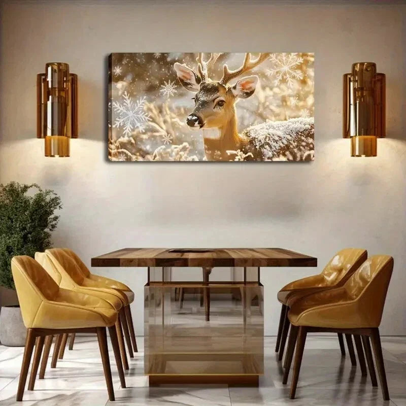 Majestic Deer Snowy Winter Snow Wall Art Canvas Office Home Room Framed 80x45cm