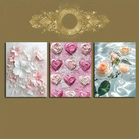 3pcs Textured Flower Yellow Rose Green Leaves Metal Print Ready to Hang Art