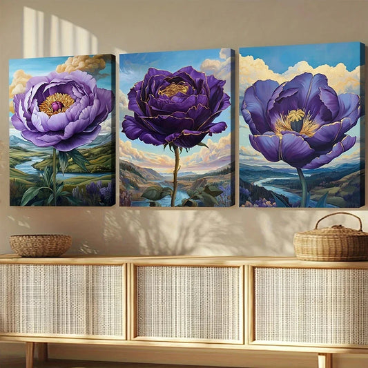 3pcs Abstract Charming Purple Flowers Blue Sky Wall Art Set Canvas Framed 40x60cm - High Quality Print 100% Australian Made Wall Canvas Ready to Hang