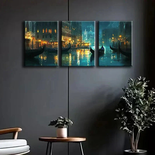 3pcs Venetian Grand Canal Night Moon Perfect Wall Art Set Canvas Framed 40x60cm - High Quality Print 100% Australian Made Wall Canvas Ready to Hang