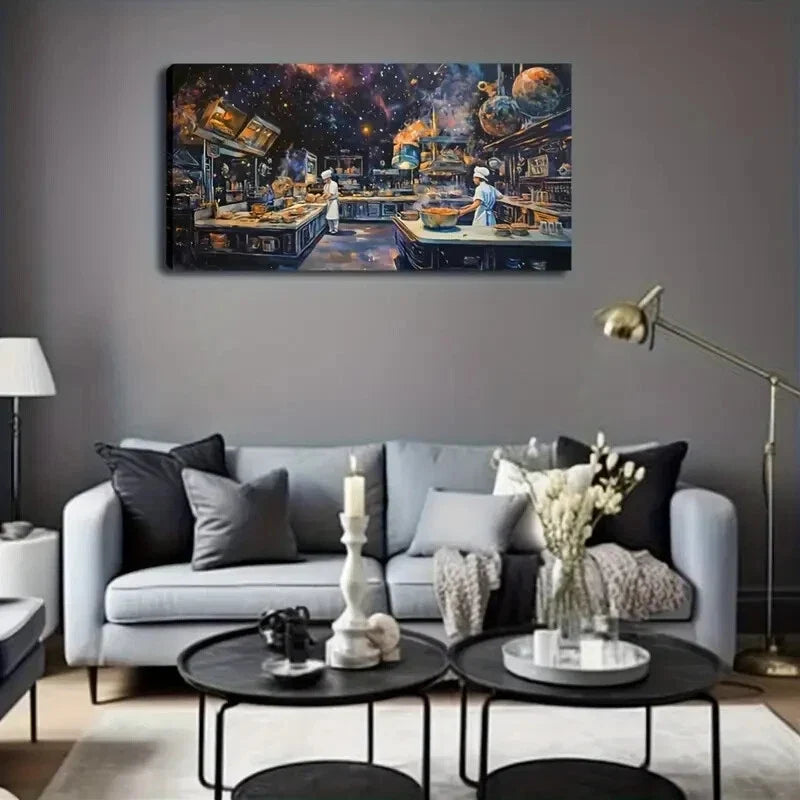 Vibrant Cosmic Kitchen Scene Wall Art Canvas Office Home Room Framed 80x45cm