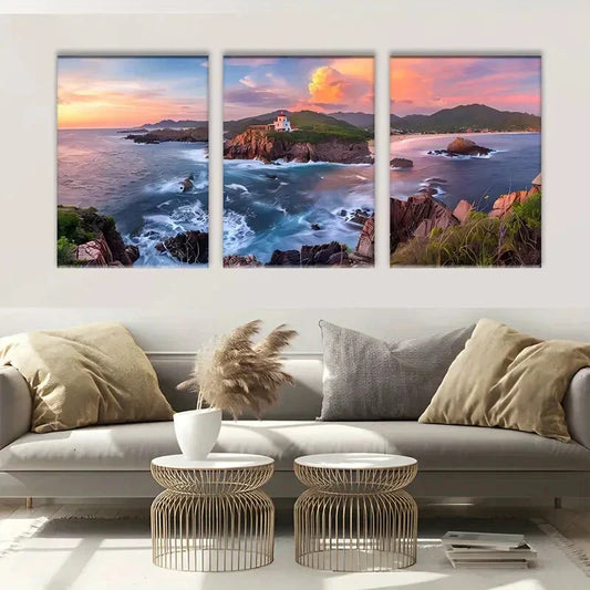 3pcs Sea View Mountain Waves Green Grasses Metal Print Ready to Hang Art