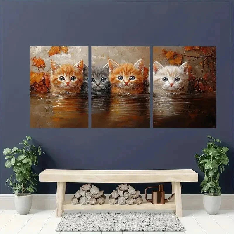3pcs Whimsical Adorable Kitten in Water Wall Art Set Canvas Framed 40x60cm - High Quality Print 100% Australian Made Wall Canvas Ready to Hang