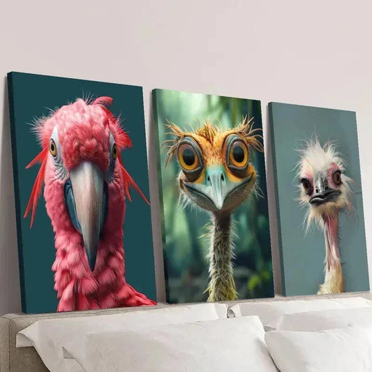3pcs Adorable Fluffy Birds Parrots & Ostriches Wall Art Set Canvas Framed 40x60cm - High Quality Print 100% Australian Made Wall Canvas Ready to Hang