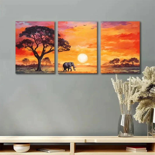 3pcs Serengeti Watercolor Elephant Landscape Metal Print Ready to Hang Art