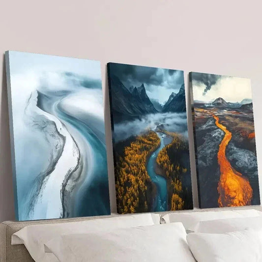 3pcs Glacier River Volcanic Lava Landscape Wall Art Set Canvas Framed 40x60cm - High Quality Print 100% Australian Made Wall Canvas Ready to Hang