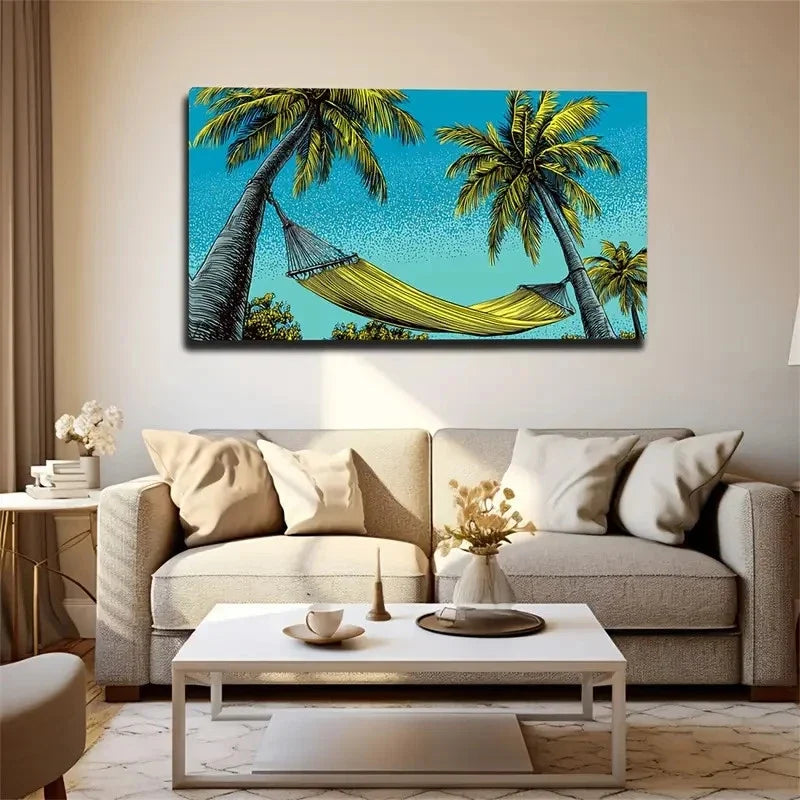 Tropical Beach Scene With Palm Wall Art Canvas Office Home Room Framed 80x45cm