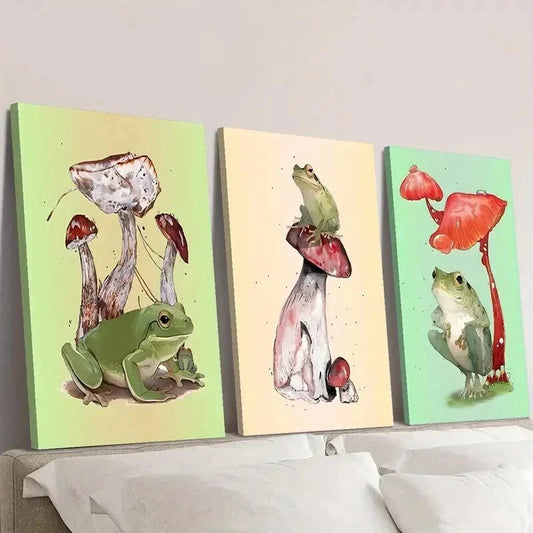 3pcs Whimsical Frog & Mushroom Decor Wall Art Set Canvas Framed 40x60cm - High Quality Print 100% Australian Made Wall Canvas Ready to Hang