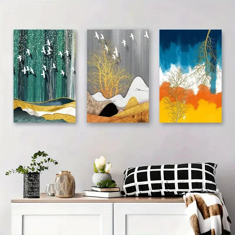 3pcs Abstract Landscape with Trees and Birds Metal Print Ready to Hang Art