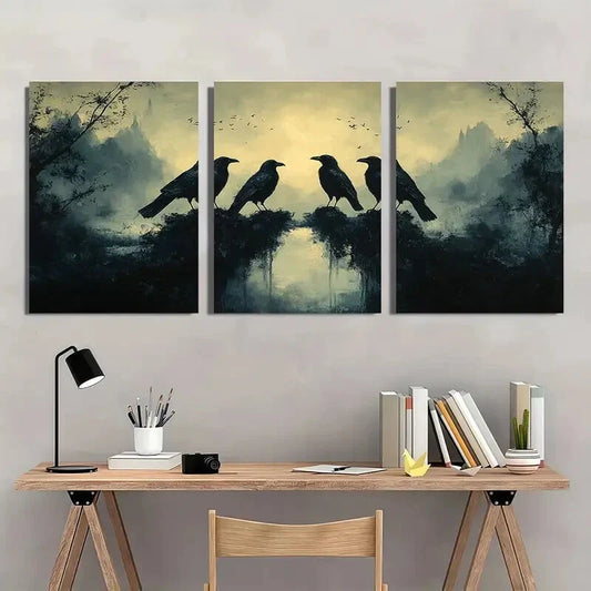 3pcs Elegant Dark Aesthetic Gothic Crow Trio Metal Print Ready to Hang Art