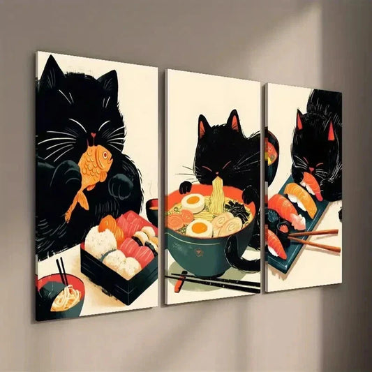 3pcs Japanese Ramen Cat Illustration Wall Art Set Canvas Framed 40x60cm - High Quality Print 100% Australian Made Wall Canvas Ready to Hang