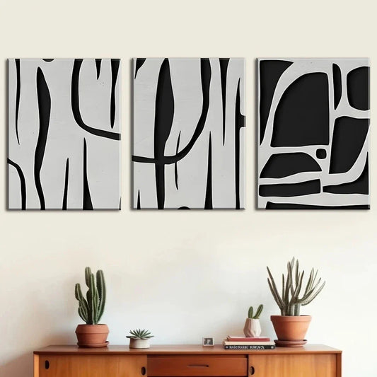 3pcs Abstract Black Lines Gray Metal Print Ready to Hang Art