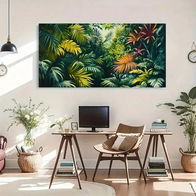 Tropical Jungle Vibrant Green Wall Art Canvas Office Home Room Framed 120x60cm