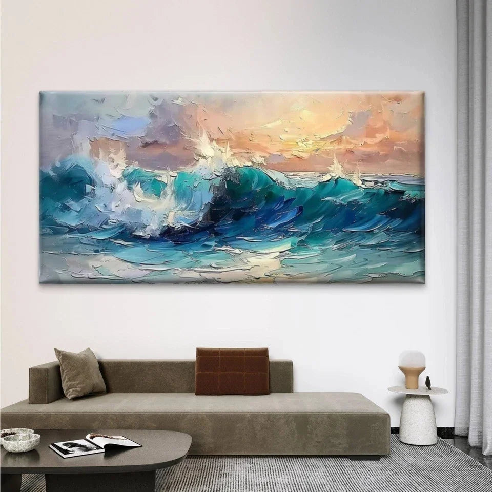 Ocean Wave Sunset Wall Art Canvas Office Home Room Framed 80x45cm