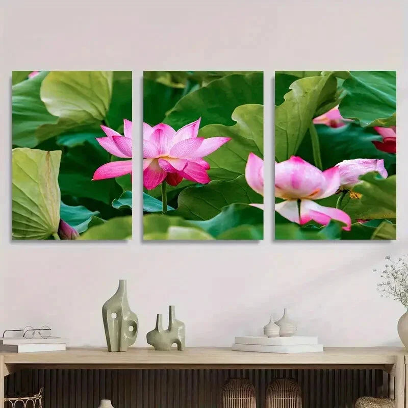 3pcs Vibrant Pink for Lotus Blossoms Surrounded Metal Print Ready to Hang Art