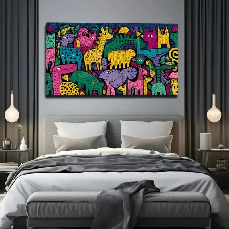 Colorful Cartoon Animals Wall Art Canvas Office Home Room Framed 80x45cm