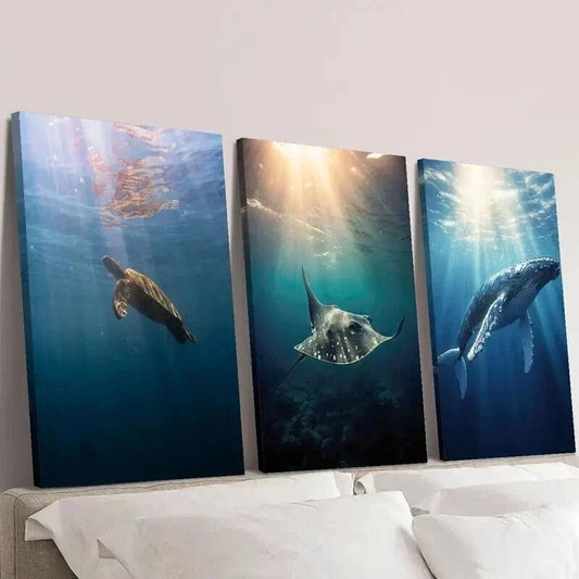 3pcs Turtle Devil Fish Blue Whale Illumination Wall Art Set Canvas Framed 40x60cm - High Quality Print 100% Australian Made Wall Canvas Ready to Hang