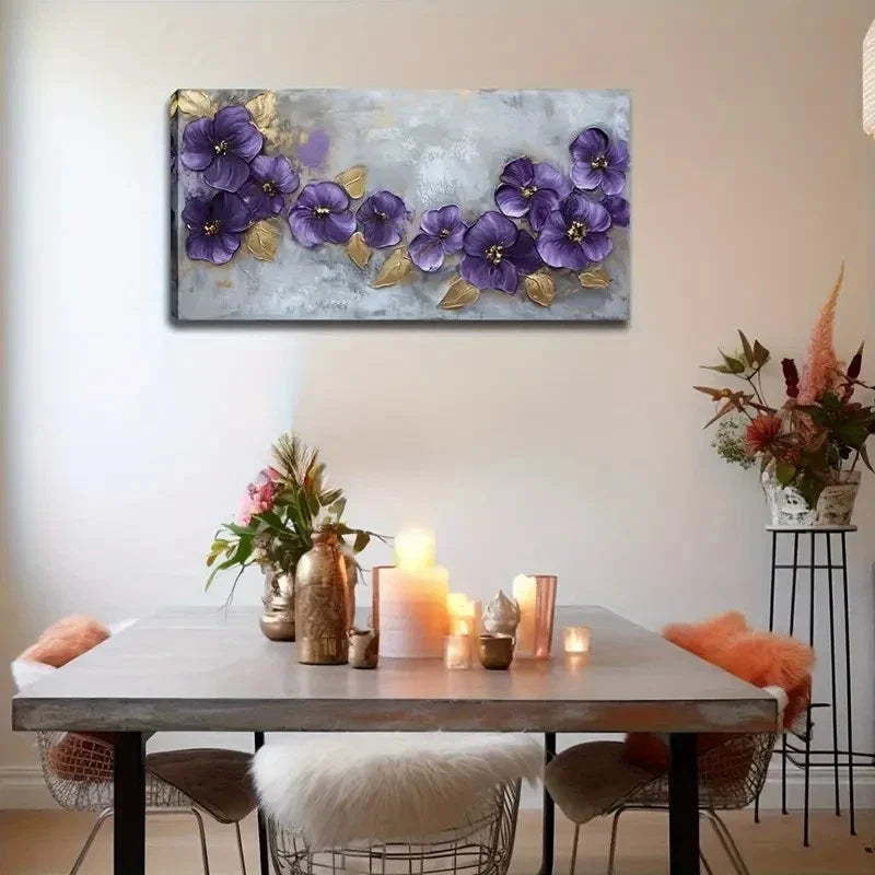 Lush Purple Flowers Golden Wall Art Canvas Office Home Room Framed 120x60cm