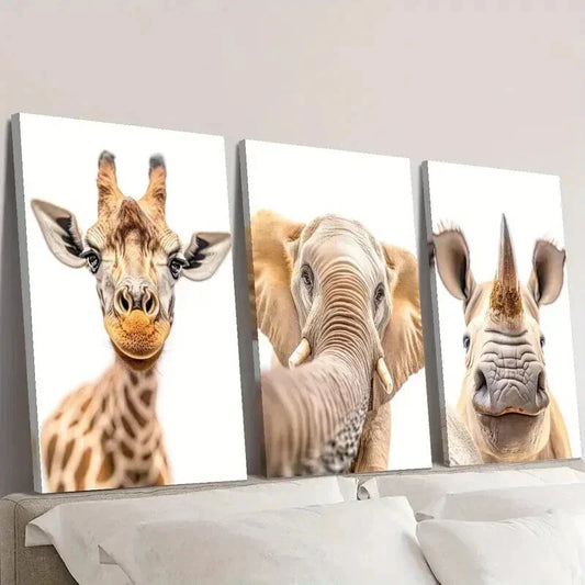 3pcs Curious Giraffe Elephant & Rhino Wall Art Set Canvas Framed 40x60cm - High Quality Print 100% Australian Made Wall Canvas Ready to Hang