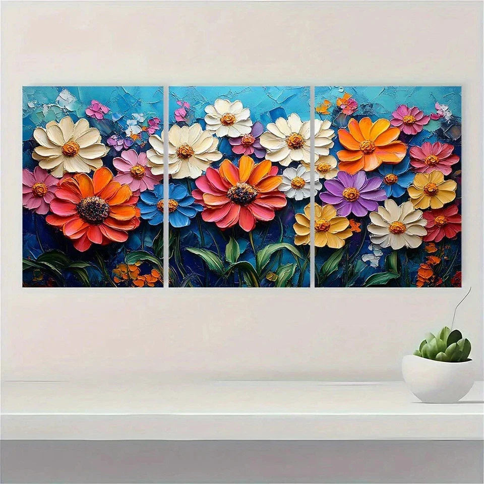 3pcs Flowers Vibrant Colourful White Blue Theme Metal Print Ready to Hang Art