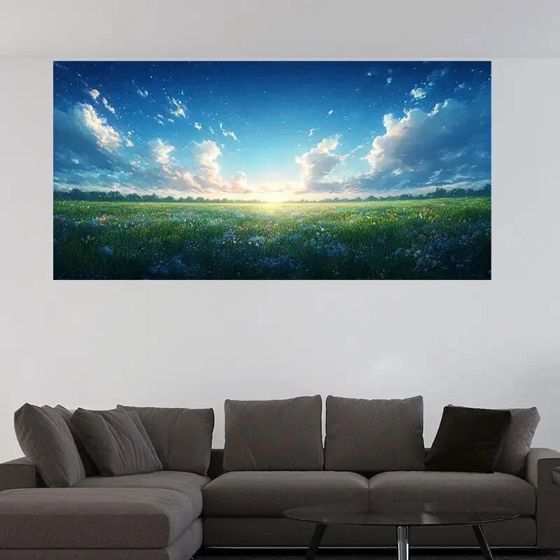 Grassland and White Clouds Wall Art Canvas Office Home Room Framed 120x60cm