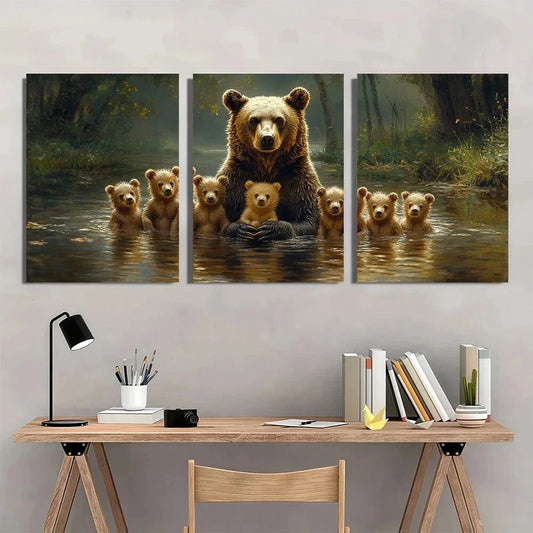 3pcs Vintage Black Bear & Cubs in Forest River Metal Print Ready to Hang Art
