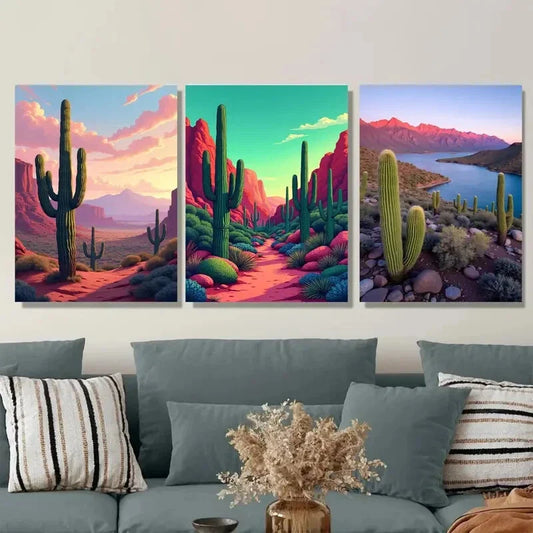3pcs Southwestern Desert Landscape Vibrant Cactus Metal Print Ready to Hang Art