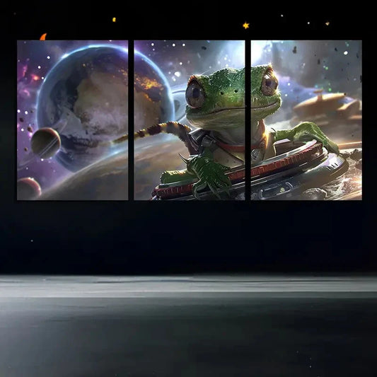 3pcs Space Green Lizard Modern Art Metal Print Ready to Hang Art