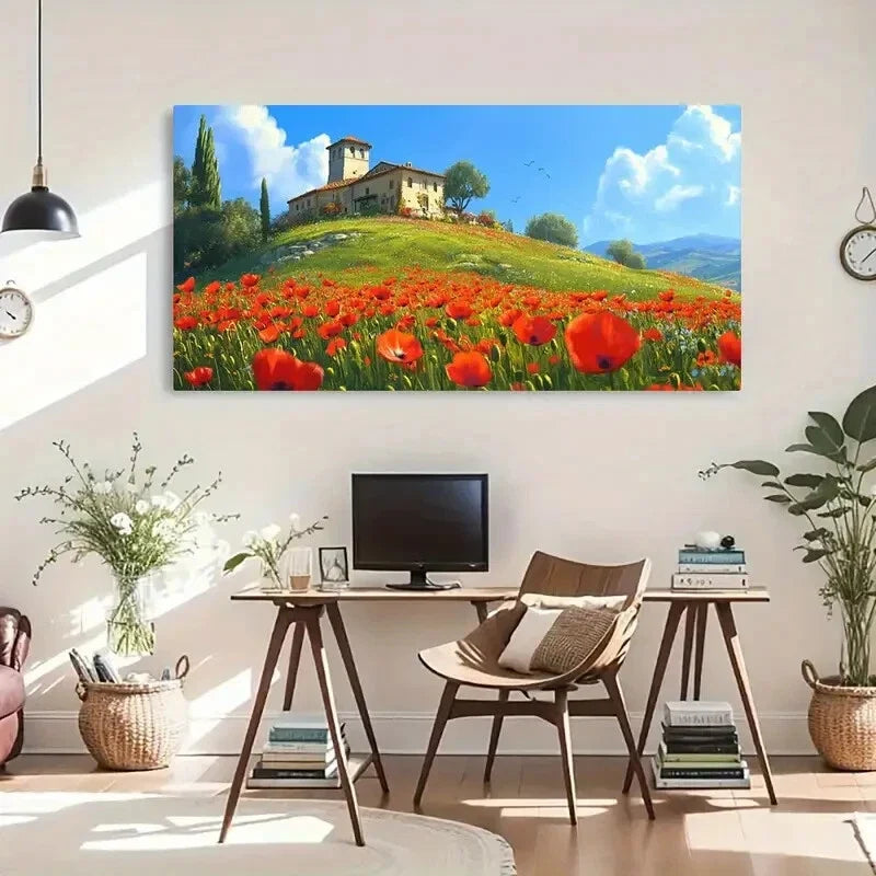 Countryside Landscape Poppy Wall Art Canvas Office Home Room Framed 120x60cm