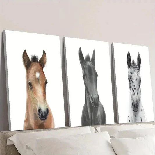 3pcs Brown Black White Pony Decoration Wall Art Set Canvas Framed 40x60cm - High Quality Print 100% Australian Made Wall Canvas Ready to Hang