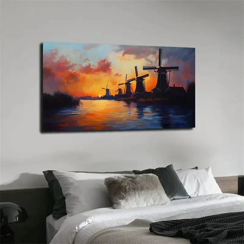 Abstract Landscape Windmills Wall Art canvas office home room framed 120x60cm