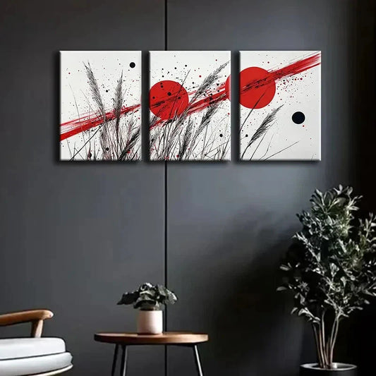 3pcs Colorful Red Line & Black Dot Design Wall Art Set Canvas Framed 40x60cm - High Quality Print 100% Australian Made Wall Canvas Ready to Hang