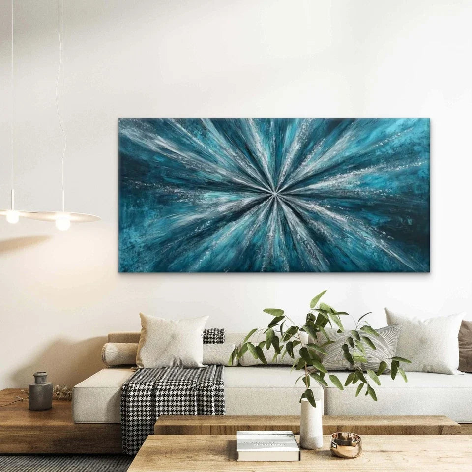 Blue Starburst Design Abstract Wall Art Canvas Office Home Room Framed 120x60cm