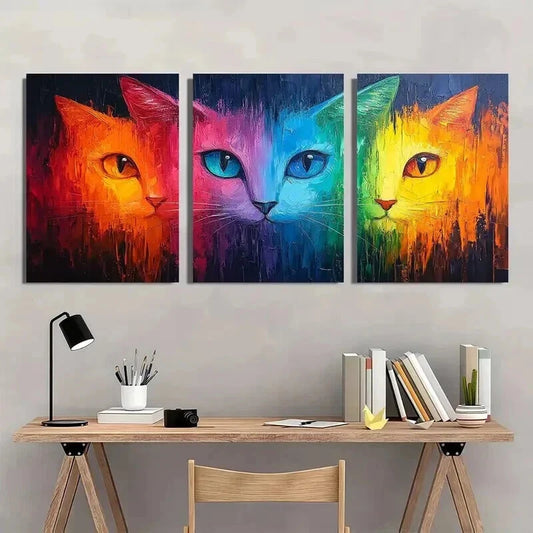 3pcs Vibrant Cat Colorful Abstract Decor Wall Art Set Canvas Framed 40x60cm - High Quality Print 100% Australian Made Wall Canvas Ready to Hang