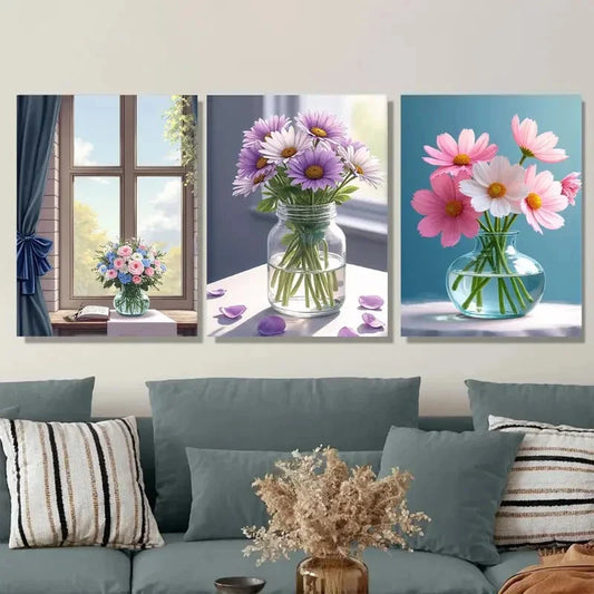 3pcs Floral Bouquet Vibrant Flowers in Vases Wall Art Set Canvas Framed 40x60cm - High Quality Print 100% Australian Made Wall Canvas Ready to Hang