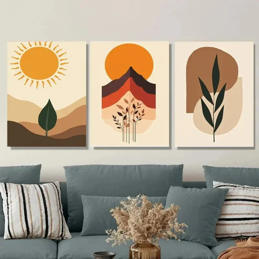 3pcs Modern Abstract Boho Sun, Mountains Metal Print Ready to Hang Art