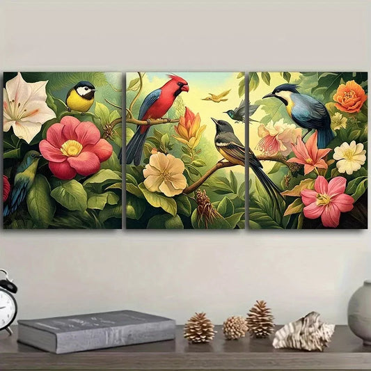 3pcs Birds And Flowers Floral Wall Art Set Canvas Framed 40x60cm - High Quality Print 100% Australian Made Wall Canvas Ready to Hang