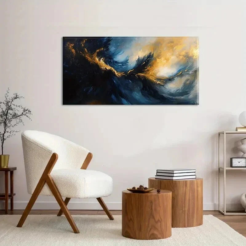 Golden Blue Abstract Ocean Wall Art Canvas Office Home Room Framed 120x60cm
