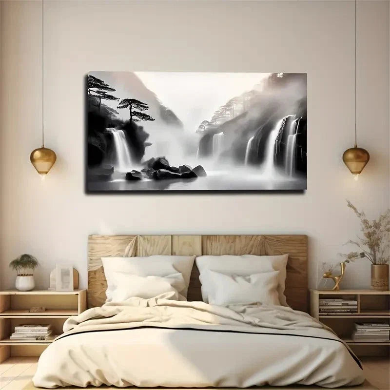Serene Waterfall Mountain Wall Art Canvas Office Home Room Framed 80x45cm
