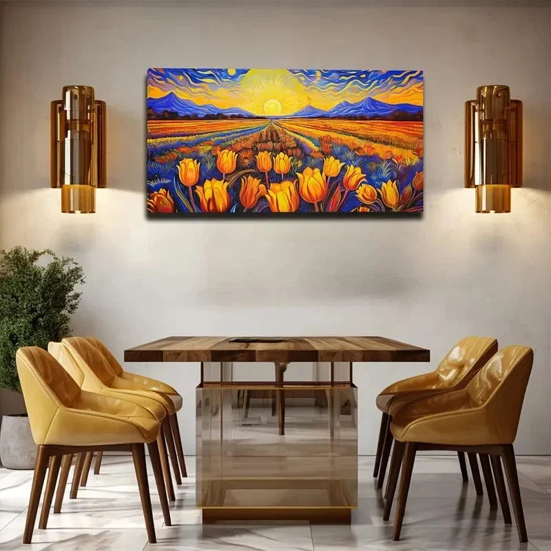 Bohemian Tulip Sunset Wall Art Canvas Office Home Room Framed 80x45cm