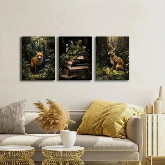 3pcs Fox Rabbit Books Rustic Farmhouse Wall Art Set Canvas Framed 40x60cm - High Quality Print 100% Australian Made Wall Canvas Ready to Hang