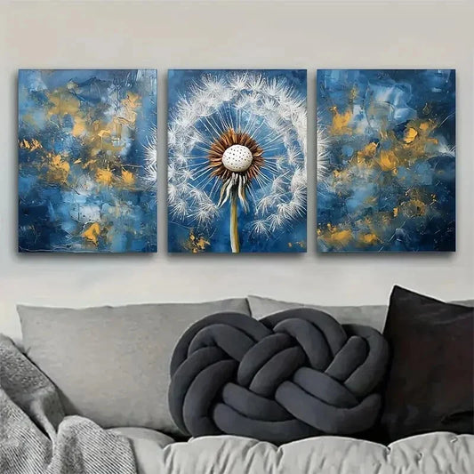 3pcs Abstract Blue And Golden Dandelion Decor Wall Art Set Canvas Framed 40x60cm - High Quality Print 100% Australian Made Wall Canvas Ready to Hang