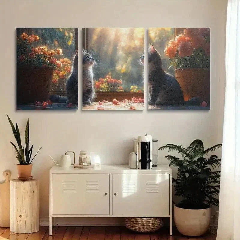 3pcs Serene Feline Next to an Open Window Wall Art Set Canvas Framed 40x60cm - High Quality Print 100% Australian Made Wall Canvas Ready to Hang