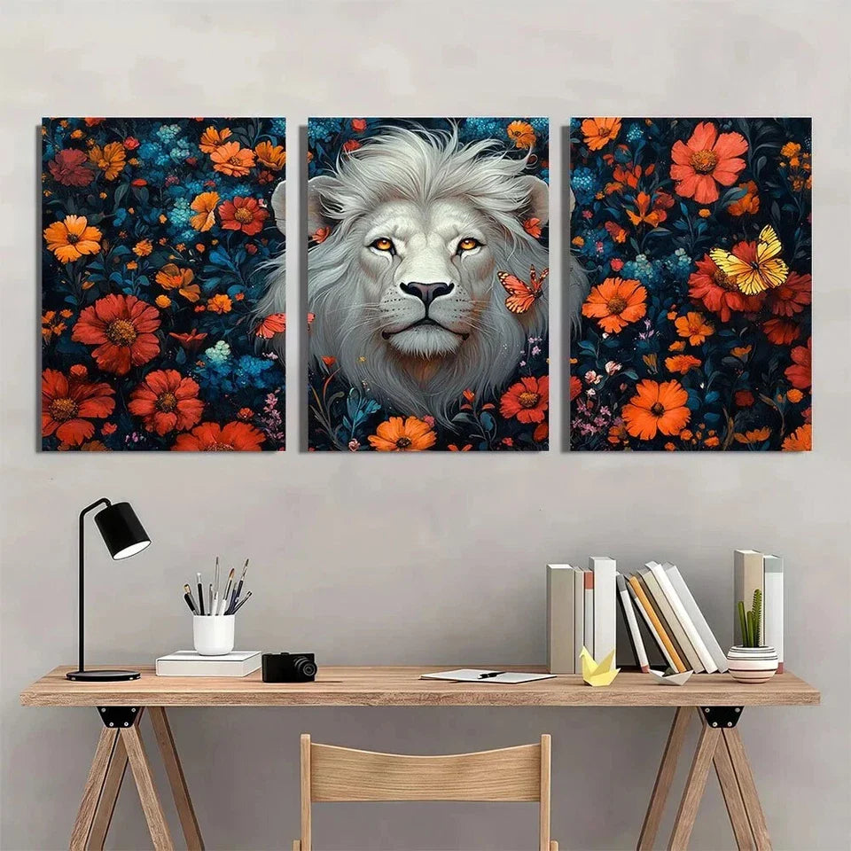 3pcs Majestic Lion Vibrant Floral & Butterfly Metal Print Ready to Hang Art
