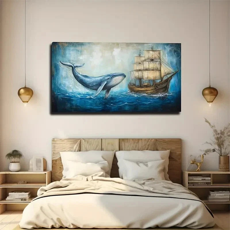 Nautical Adventure Whale Ship Wall Art Canvas Office Home Room Framed 120x60cm