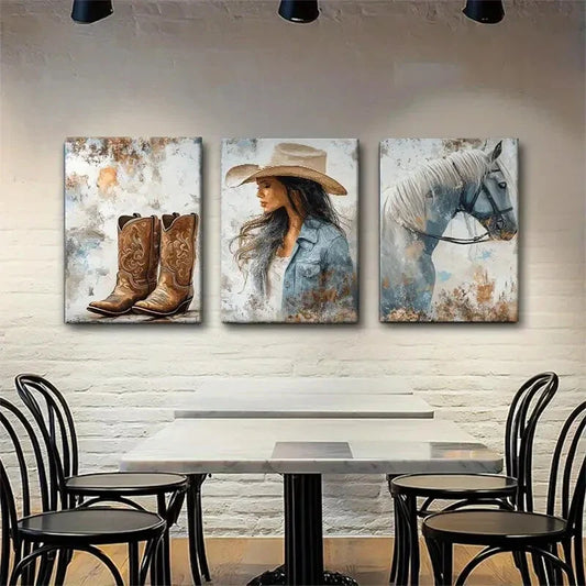 3pcs Rustic Country Girl Boots & Horse Perfect Wall Art Set Canvas Framed 40x60cm - High Quality Print 100% Australian Made Wall Canvas Ready to Hang