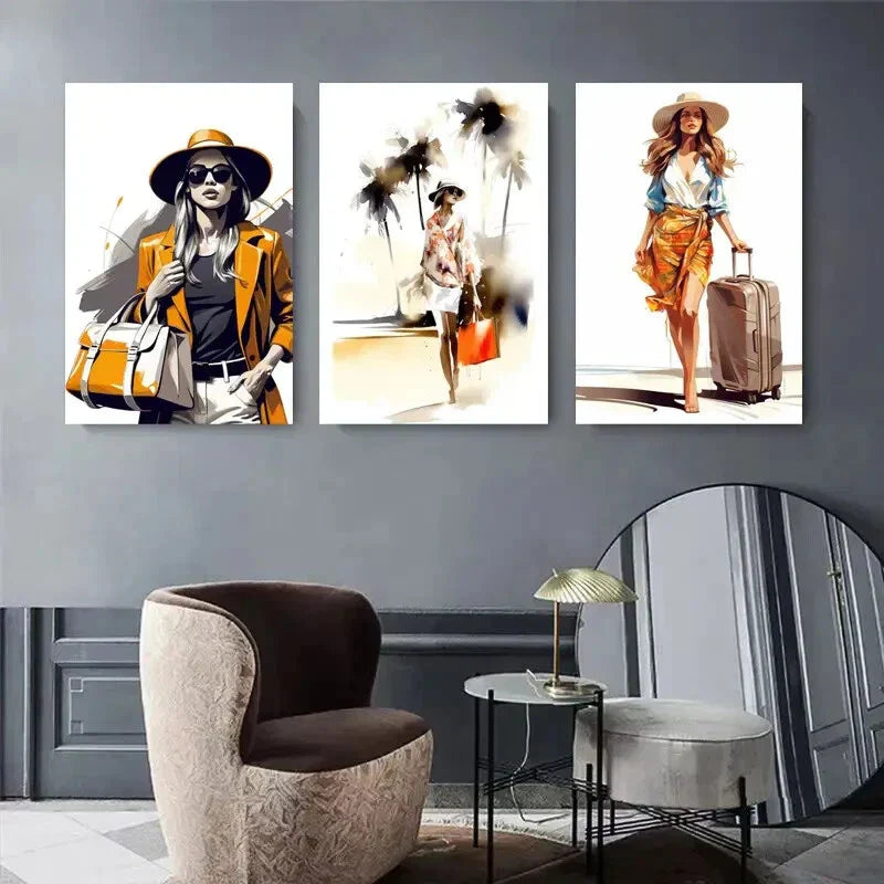 3pcs Stylish Women with Hats, Bags, and Luggage Metal Print Ready to Hang Art