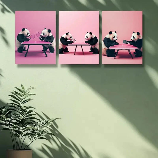 3pcs Adorable Panda Playing Table Tennis Wall Art Set Canvas Framed 40x60cm - High Quality Print 100% Australian Made Wall Canvas Ready to Hang