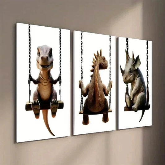 3pcs Tyrannosaurus Stegosaurus And Triceratops Wall Art Set Canvas Framed 40x60cm - High Quality Print 100% Australian Made Wall Canvas Ready to Hang